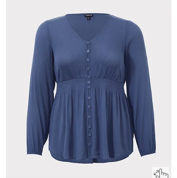 BLUE GAUZE SMOCKED BLOUSE - Picture 2 of 7